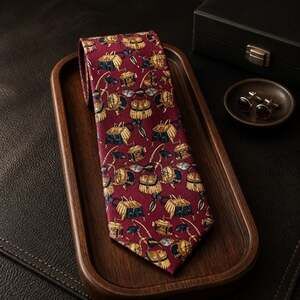 G.J. Cahn Vintage Fishing Theme Silk Necktie Burgundy